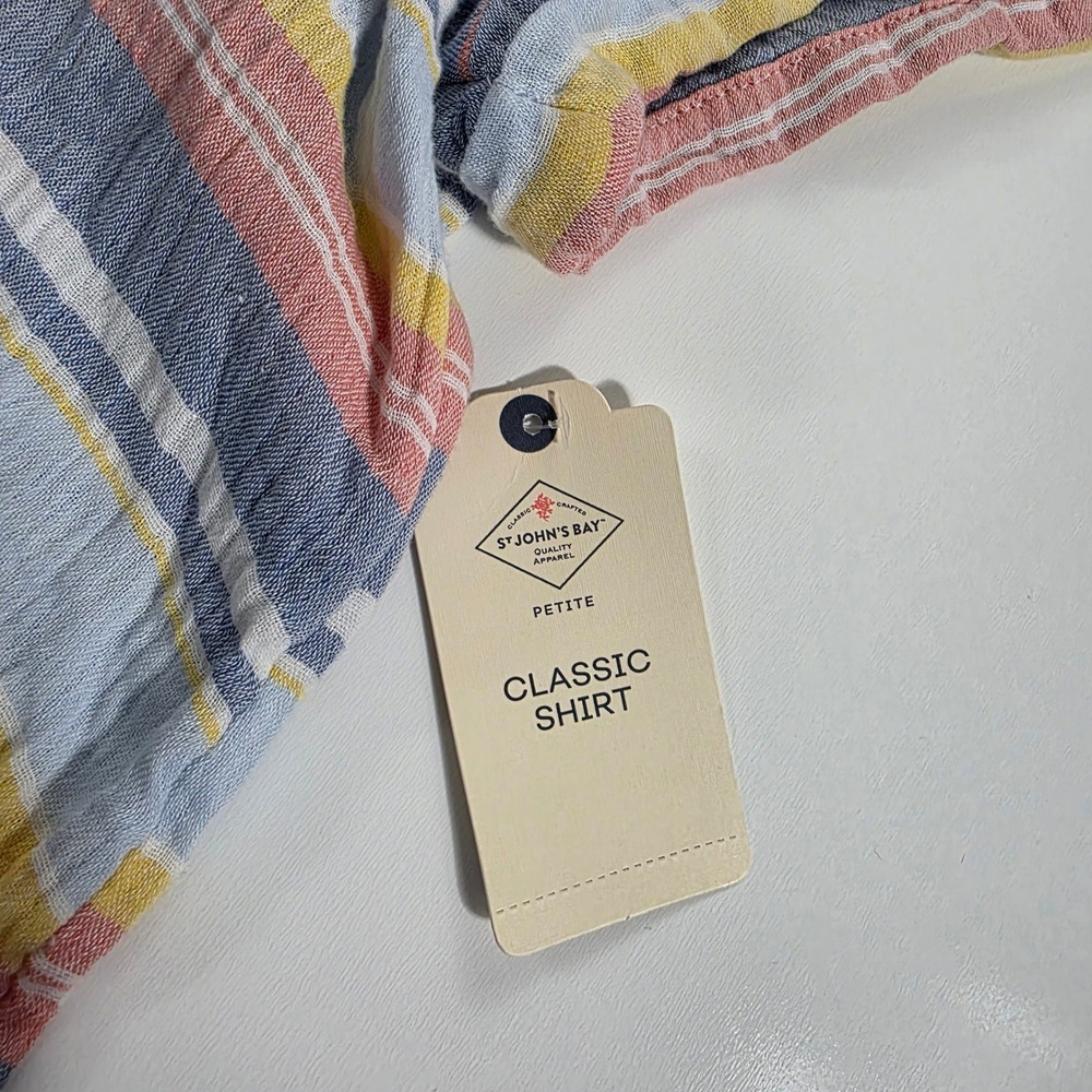 St John's Bay Coastal Stripe V-Neck Cotton Gauze Blouse PXXL Blue Pink Yellow - Picture 2 of 8